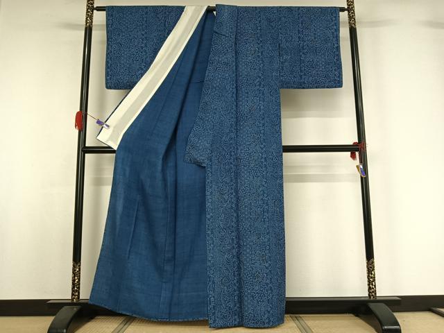 平和屋着物▽上質な紬 単衣 型染め 更紗花文 正絹 逸品 AABG5633jh