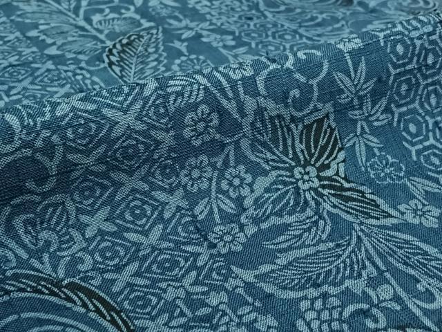 平和屋着物▽上質な紬 単衣 型染め 更紗花文 正絹 逸品 AABG5633jh