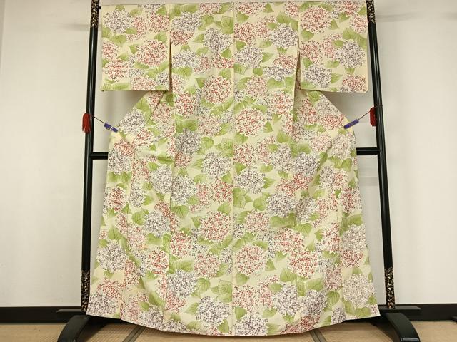 平和屋着物▽上質な小紋 単衣 紬地 手描き 草花文 正絹 逸品 AABG5681jh