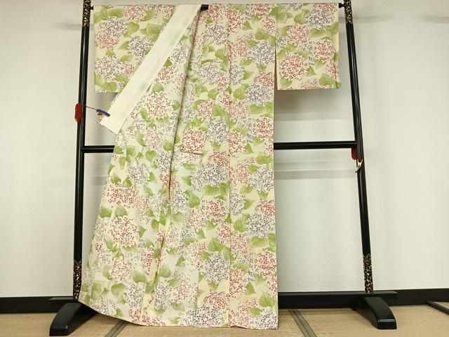 平和屋着物▽上質な小紋 単衣 紬地 手描き 草花文 正絹 逸品 AABG5681jh