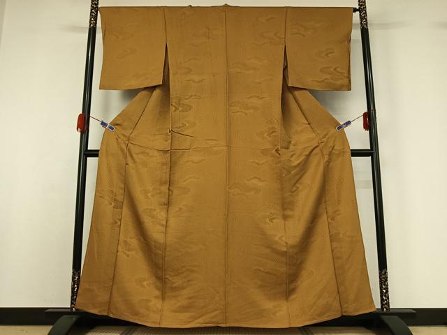 平和屋着物▽上質な色無地 単衣 雲取り地紋 黄土色 正絹 逸品 未使用 AABG5684jh