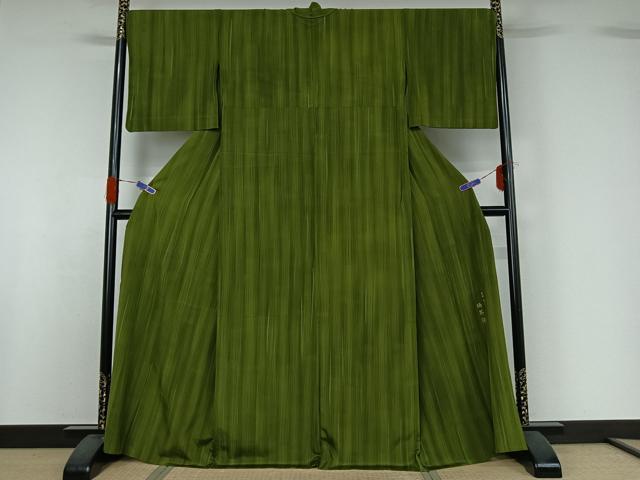 平和屋着物▽上質な小紋 単衣 作家物 緑茶染め 霞文 正絹 逸品 AABG5692jh