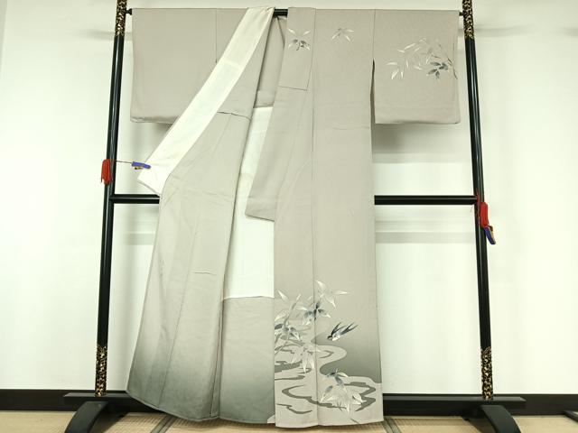 平和屋着物▽二代目清次郎 手描き 訪問着 単衣 笹竹流水文 鳥 暈し染め 正絹 逸品 AABG5702jh