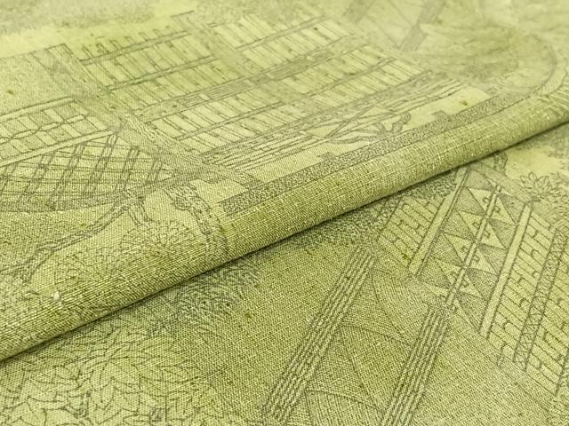 平和屋着物▽上質な紬 単衣 手描き 風景花文 正絹 逸品 AABG5710jh
