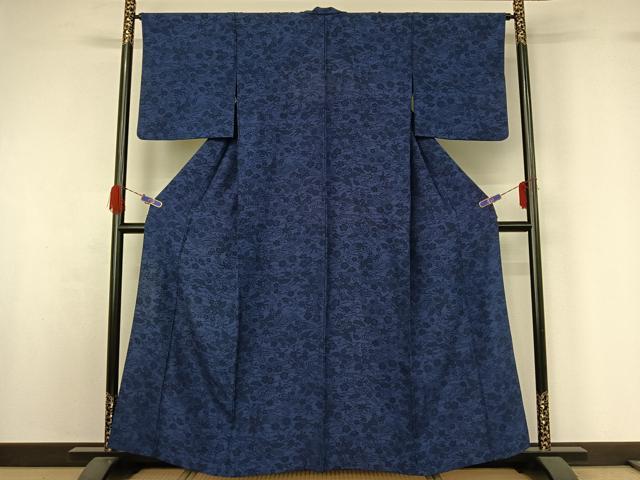 平和屋着物▽上質な小紋 単衣 型染め 藍 流水花文 正絹 逸品 AABG5714jh