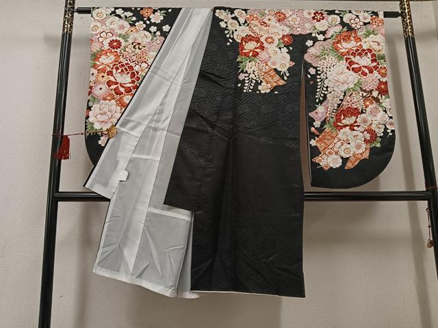 平和屋着物●小振袖 二尺袖 舞花文 黒地 金彩 正絹 逸品 AABG5734ph