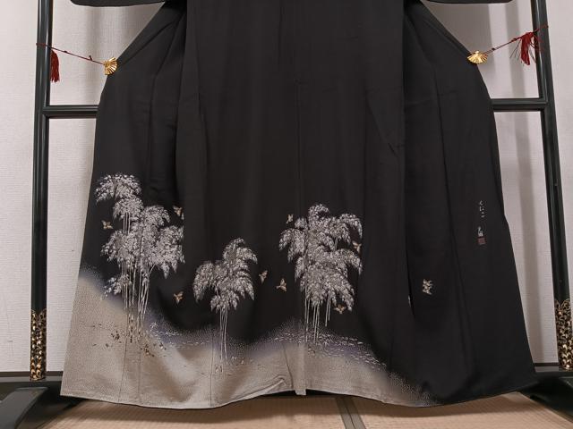 平和屋着物●松尾光琳 訪問着 竹林図 黒地 銀彩 正絹 逸品 AABG5751ph