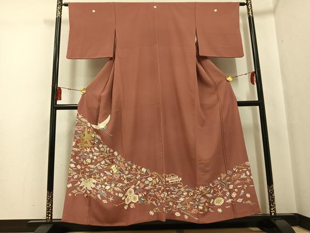 平和屋着物●豪華色留袖 友禅 刺繍 飛鶴宝尽くし 金彩 正絹 逸品 AABG5762ph