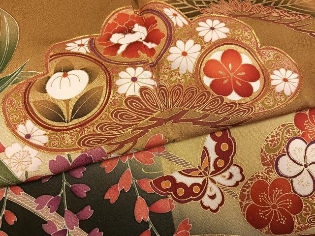 平和屋着物●豪華振袖 駒刺繍 舞蝶草花文 暈し染め 金彩 正絹 逸品 AABG5768ph