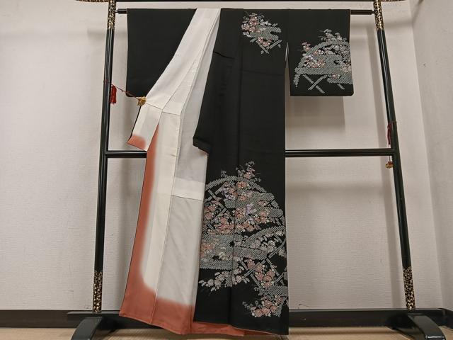 平和屋着物●訪問着 手描き 絞り 花尽くし 黒地 銀彩 正絹 逸品 AABG5777ph