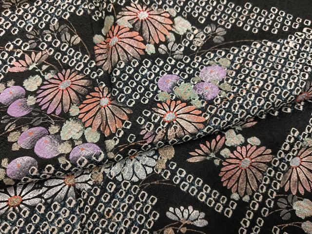 平和屋着物●訪問着 手描き 絞り 花尽くし 黒地 銀彩 正絹 逸品 AABG5777ph