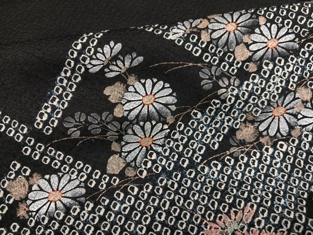 平和屋着物●訪問着 手描き 絞り 花尽くし 黒地 銀彩 正絹 逸品 AABG5777ph
