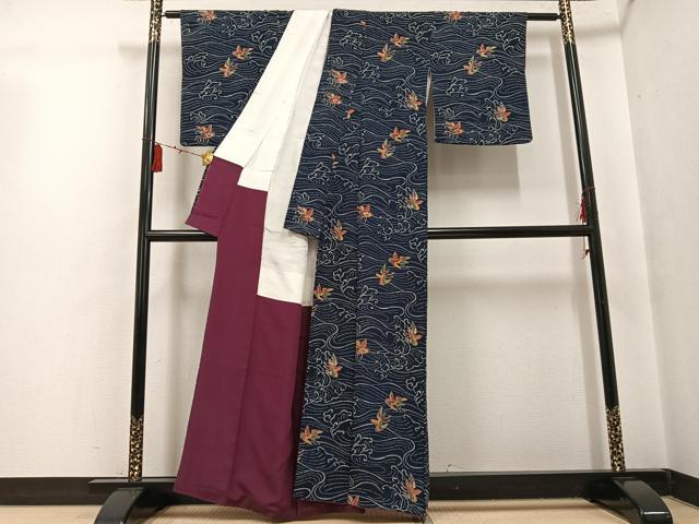 平和屋着物●上質な小紋 藍 紅型 立波飛鳥文 鬼しぼ縮緬 正絹 逸品 AABG5783ph