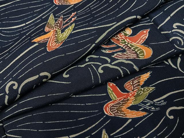 平和屋着物●上質な小紋 藍 紅型 立波飛鳥文 鬼しぼ縮緬 正絹 逸品 AABG5783ph