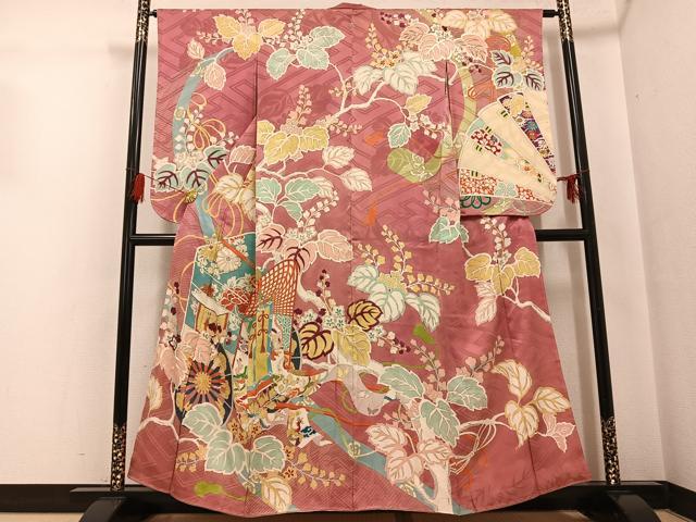 平和屋着物●セミアンティーク 小振袖 二尺袖 駒刺繍 御所車鳳凰草花文 正絹 逸品 AABG5784ph