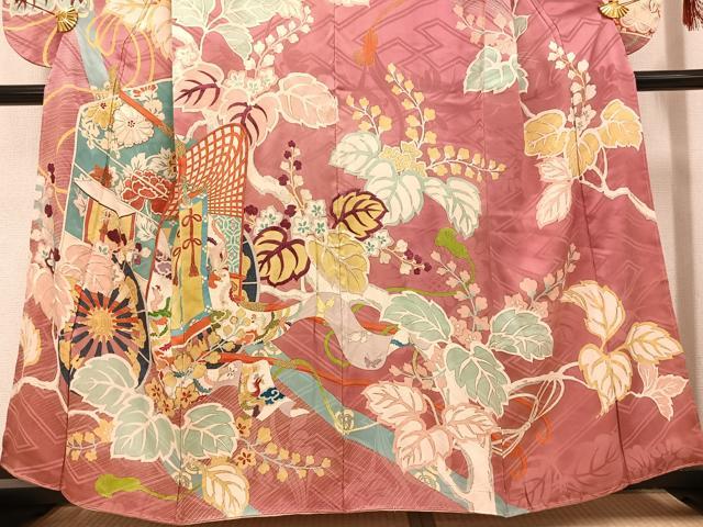 平和屋着物●セミアンティーク 小振袖 二尺袖 駒刺繍 御所車鳳凰草花文 正絹 逸品 AABG5784ph