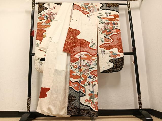 平和屋着物●豪華振袖 駒刺繍 絞り 御所車草花文 金彩 正絹 逸品 AABG5796ph