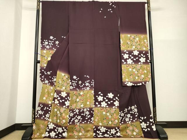 平和屋着物●豪華振袖 駒刺繍 市松花蝶文 暈し染め 金彩 ロング丈 正絹 逸品 AABG5812ck