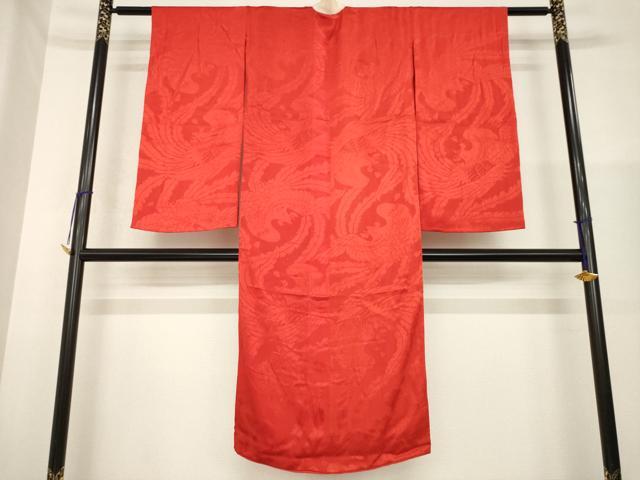平和屋着物●アンティーク 大正ロマン 長襦袢 袷 鳳凰地紋 紅海老茶色 半衿刺繍 正絹 逸品 AABG5814ck