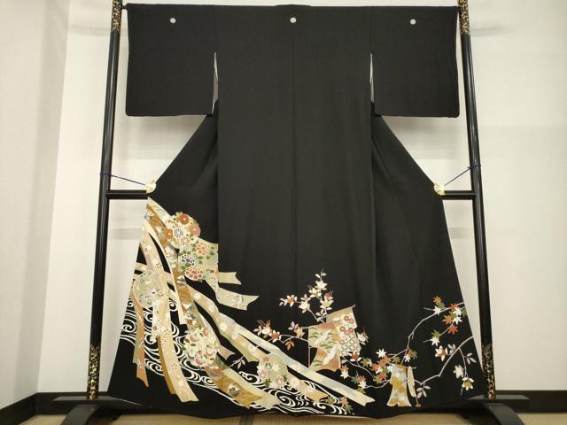 平和屋着物●創業460年・千總 黒留袖 友禅 駒刺繍 雪輪几帳花文 鶴 金彩 三越扱い 正絹 逸品 AABG5817ck
