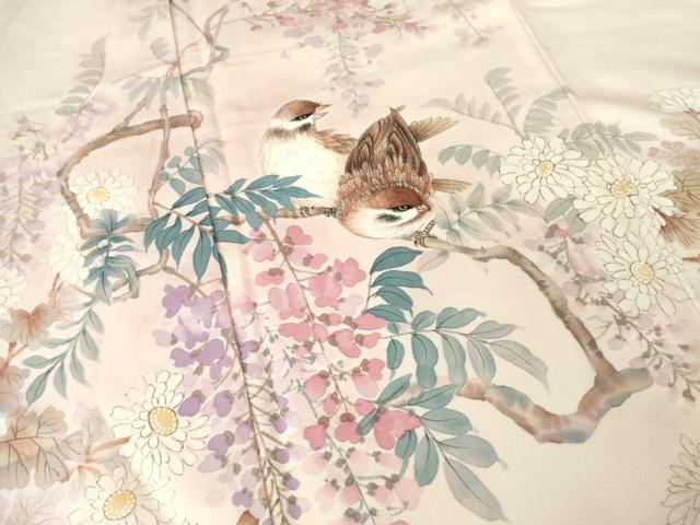 平和屋着物●訪問着 手描き 枝花に雀 正絹 逸品 AABG5820ck