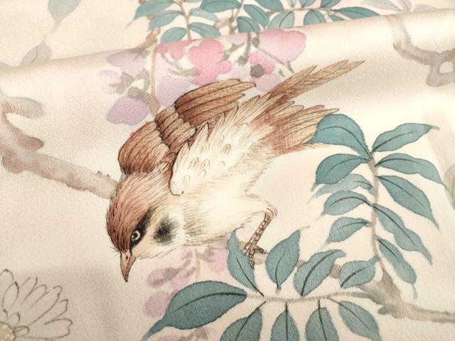 平和屋着物●訪問着 手描き 枝花に雀 正絹 逸品 AABG5820ck