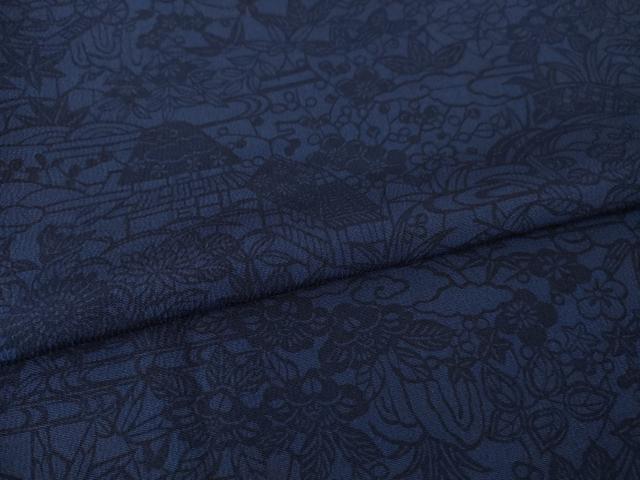 平和屋着物●上質な小紋 型染め 藍 流水風景花文 正絹 逸品 AABG5829ck