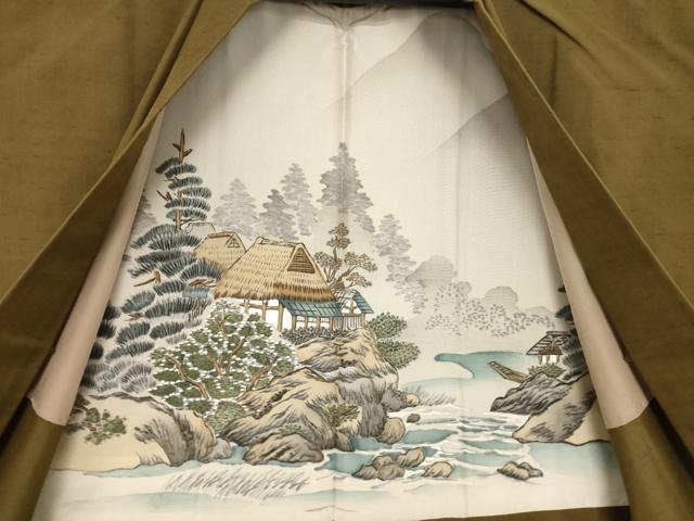 平和屋着物●男性 石川県指定無形文化財 牛首紬 白山工房 手織り アンサンブル 色無地 涅色 証紙付き 正絹 逸品 AABG5838ck