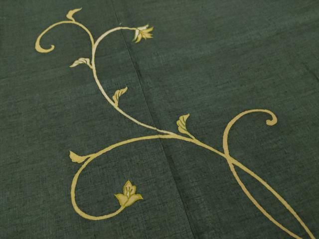 平和屋着物●創業460年・千總 訪問着 刺繍 本場結城紬地 花唐草文 黒緑色地 正絹 逸品 AABG5839ck
