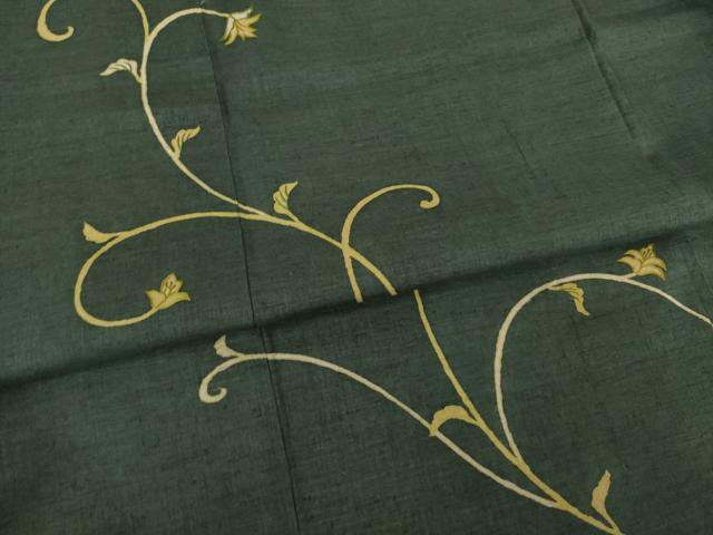 平和屋着物●創業460年・千總 訪問着 刺繍 本場結城紬地 花唐草文 黒緑色地 正絹 逸品 AABG5839ck