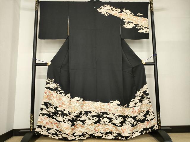 平和屋着物●訪問着 駒刺繍 吉祥松文 黒地 金彩 正絹 逸品 AABG5870ck