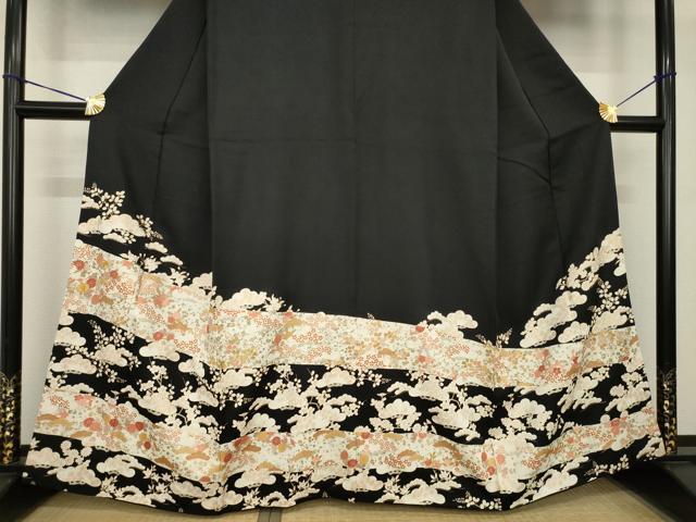 平和屋着物●訪問着 駒刺繍 吉祥松文 黒地 金彩 正絹 逸品 AABG5870ck