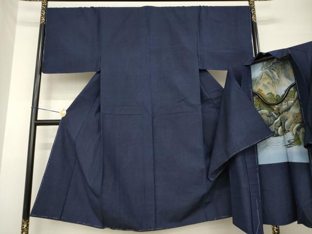 平和屋着物●男性 紬 アンサンブル 色無地 青褐色 正絹 逸品 未使用 AABG5877ck