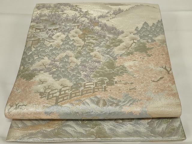 平和屋着物◎本佐賀錦 六通柄袋帯 風景文 プラチナ箔 正絹 逸品 AABG5885ou