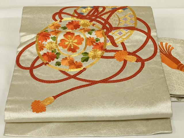 平和屋着物◎九寸名古屋帯 駒刺繍 花鼓文 正絹 逸品 AABG5903ou