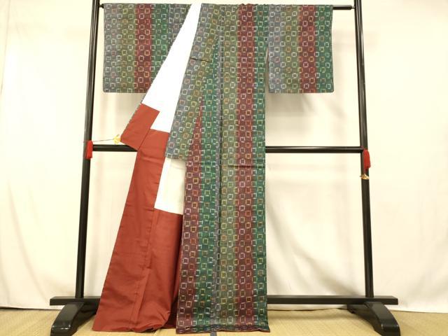 平和屋着物■上質な紬 格子間道 正絹 逸品 未使用 AABG6044fw