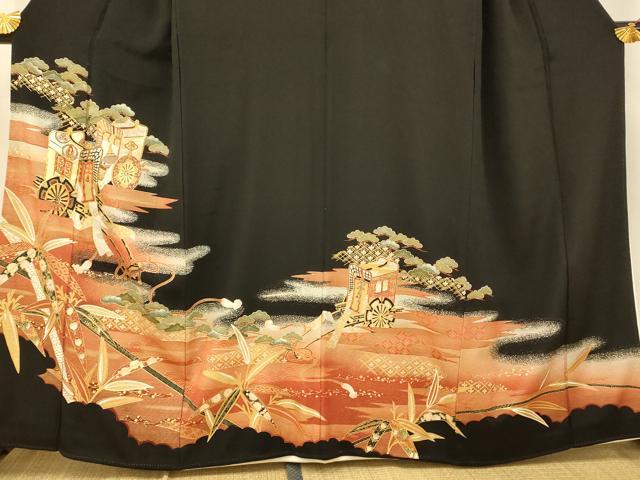 平和屋着物■豪華黒留袖 駒刺繍 御所車吉祥文様 松 竹 暈し染め 金銀彩 正絹 逸品 AABG6066fw