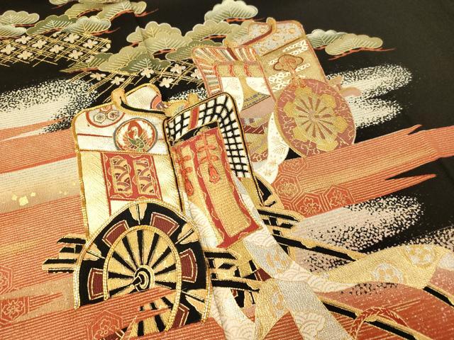平和屋着物■豪華黒留袖 駒刺繍 御所車吉祥文様 松 竹 暈し染め 金銀彩 正絹 逸品 AABG6066fw