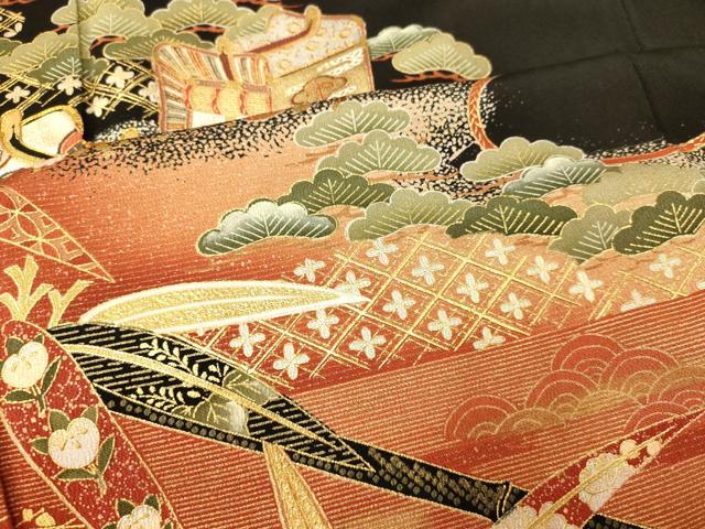 平和屋着物■豪華黒留袖 駒刺繍 御所車吉祥文様 松 竹 暈し染め 金銀彩 正絹 逸品 AABG6066fw