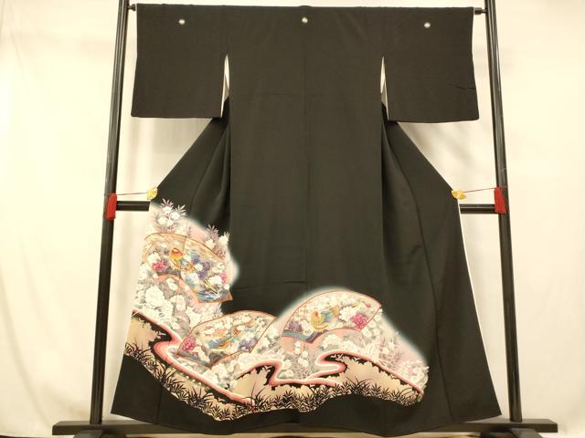 平和屋着物■豪華黒留袖 駒刺繍 地紙花鳥文 暈し染め 金銀彩 銀糸 正絹 逸品 AABG6079fw