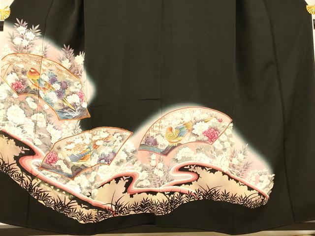 平和屋着物■豪華黒留袖 駒刺繍 地紙花鳥文 暈し染め 金銀彩 銀糸 正絹 逸品 AABG6079fw