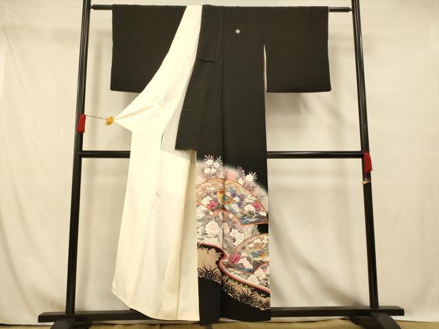 平和屋着物■豪華黒留袖 駒刺繍 地紙花鳥文 暈し染め 金銀彩 銀糸 正絹 逸品 AABG6079fw