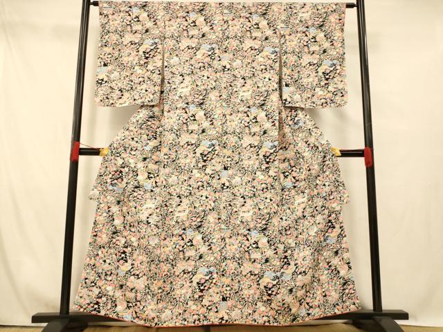 平和屋着物■上質な小紋 草花宝船文 黒地 正絹 逸品 未使用 AABG6080fw