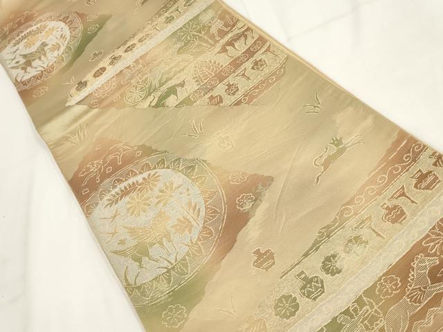 平和屋着物◎六通柄袋帯 切嵌狩猟花文 金糸 正絹 逸品 AABG6131wj