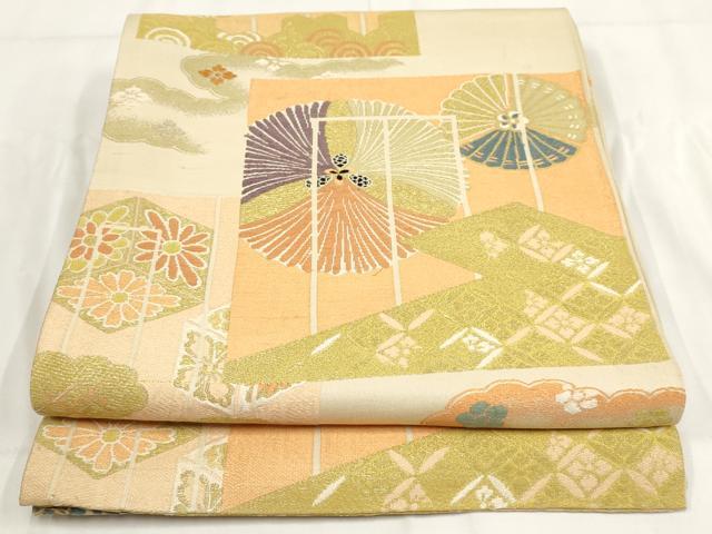 平和屋着物◎アンティーク 大正ロマン 丸帯 色紙七宝花文 金糸 正絹 逸品 AABG6136wj