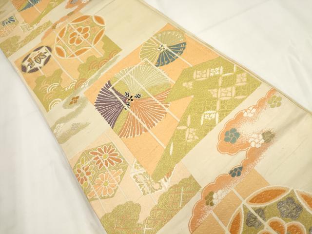 平和屋着物◎アンティーク 大正ロマン 丸帯 色紙七宝花文 金糸 正絹 逸品 AABG6136wj