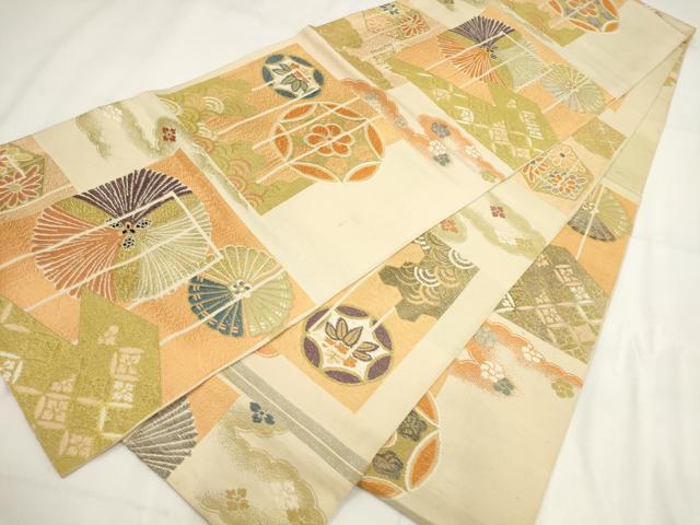平和屋着物◎アンティーク 大正ロマン 丸帯 色紙七宝花文 金糸 正絹 逸品 AABG6136wj