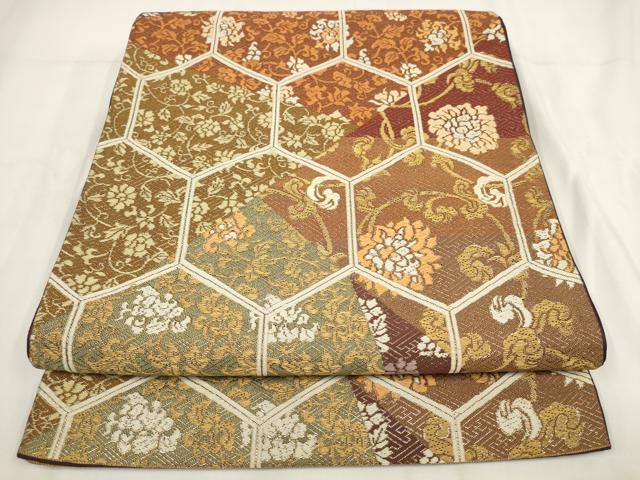 平和屋着物◎六通柄袋帯 切嵌亀甲花文 金糸 正絹 逸品 AABG6264wj