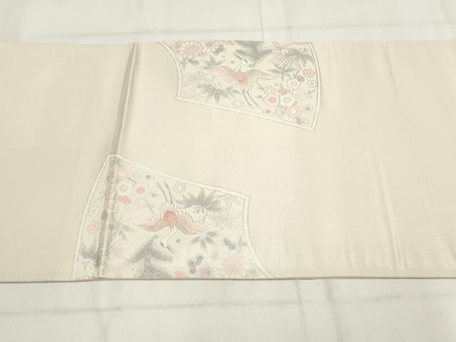 平和屋着物◎太鼓柄袋帯 地紙飛鶴花文 銀彩 正絹 逸品 AABG6281wj
