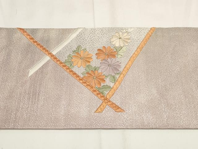 平和屋着物◎九寸名古屋帯 刺繍 草花文 銀糸 正絹 逸品 AABG6357wj